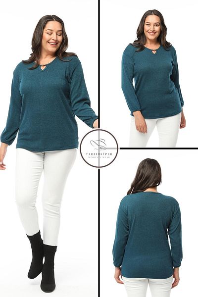 tarzımsüper Large Size Collar Detailed Knitwear Blouse Soft Textured Sleeves with Elastic Comfort Model Stylish Knitwear Sweater