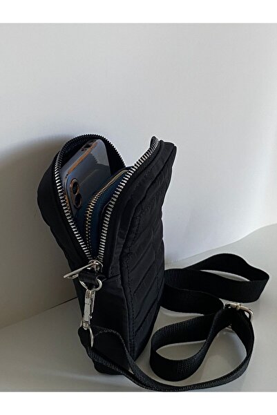 ErcanBag Siyah kapitoneli telefon cüzdan çantası askılı