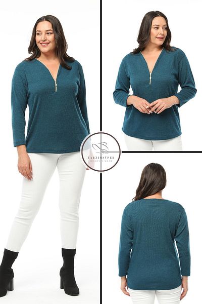 tarzımsüper Large Size Zippered Collar Comfort Model New Season Soft Textured V-Neck Stylish Daily Knitwear Sweater