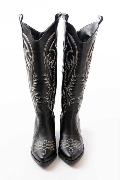 Ms Sugar Cizme lungi de damă Western Cowboy din piele artificială neagră cu broderie albă