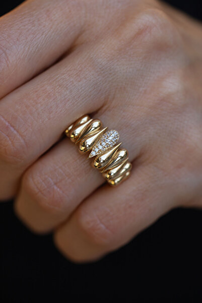 Yenigün Kuyumculuk 14 Ayar Altın Taş Detaylı Damla Sıralı Yüzük