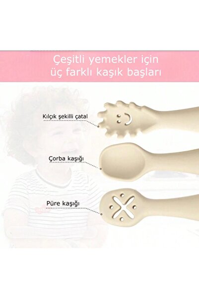Moory 3'lü silikon bebek mama kaşığı seti-bebek çatal-bebek kaşık-bebek püre kaşığı- beslenme terapisi