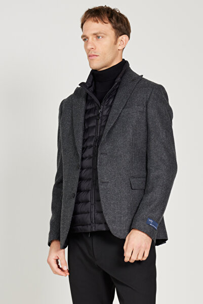 ALTINYILDIZ CLASSICS Erkek Antrasit Slim Fit Dar Kesim Kırlangıç Yaka Desenli Yünlü Ceket
