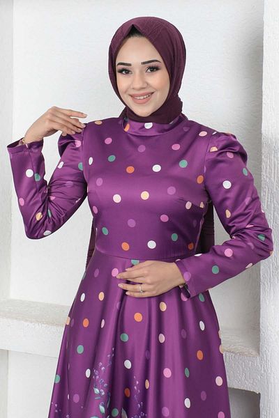 Moda Mihram ElbiseÇiçekli Puantiyeli Saten Abiye Elbise