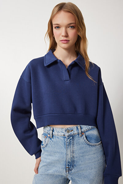 Lovelyİstanbul Πλεκτό φούτερ Navy Blue Crop - Polo Neck, LHW0004