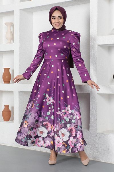 Moda Mihram ElbiseÇiçekli Puantiyeli Saten Abiye Elbise