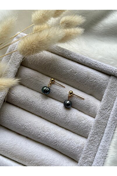 PelvedDesign Siyah Gerçek İnci Altın Kaplama Top Küpe