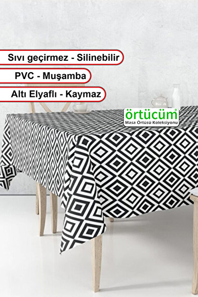 Örtücüm Siyah Beyaz Desenli Pvc Muşamba Mutfak Astarlı Masa Örtüsü Leke Tutma...