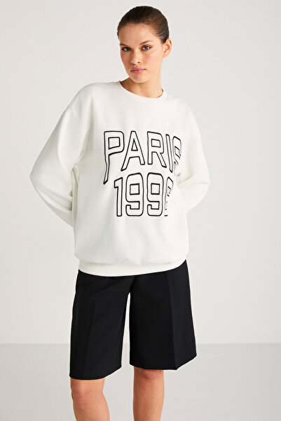 GRIMELANGE Dámská mikina s motivem města Cecılıa s detailním potiskem ze silné látky organická bavlna oversize ecru