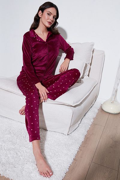 Lela Regular Fit Patterned Shiny Velvet Pajamas Set Pyjamas Set 65713311