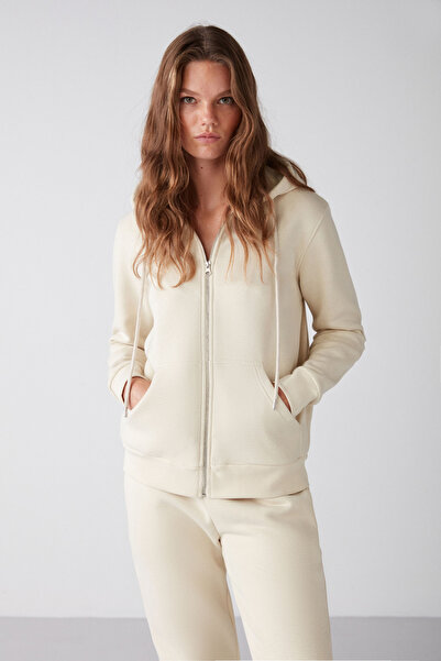 GRIMELANGE Carlota Women - Φούτερ βανίλιας από μαλακό φλις, 3 κλωστές, με χαλαρωτική κουκούλα και φερμουάρ