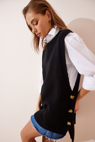 Lovelyİstanbul Black Knitwear Sweater - Crew Neck, Buttoned - Lyg0005