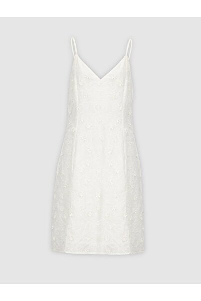 Ltb Short White Dress with Floral Embroidery