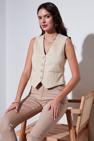 Lela Fitted Scuba Suede V-Neck Buttoned Vest 5865576