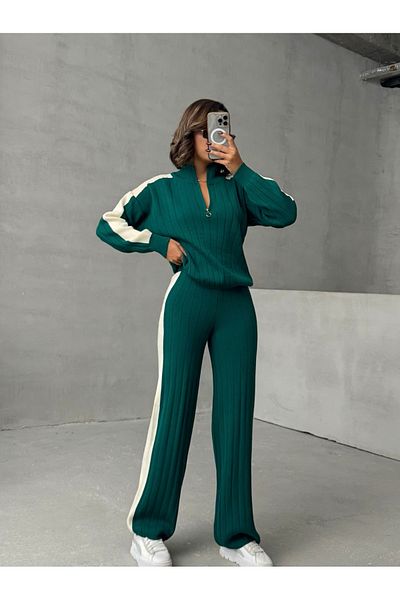 Lusin Women's Stylish Stripe Detailed Green Sweater Palazzo Pants Bottom Top Double Knitwear Set