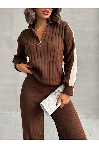 Lusin Women's Stylish Stripe Detailed Brown Sweater Palazzo Pants Bottom Top Double Knitwear Set