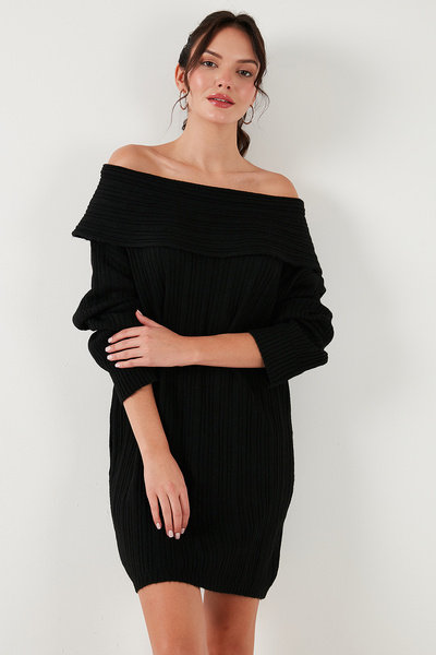 Lela Oversize Fit Kayık Yaka Uzun Kollu Mini Triko Elbise  ELBİSE 4615218