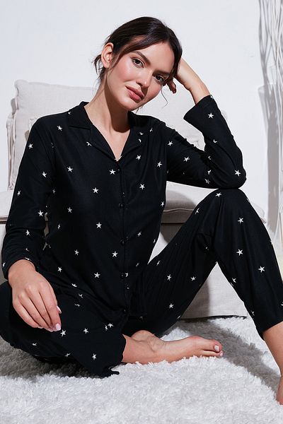 Lela Apaş Lapel Stretch Pajama Set - Elastic Waist, Regular Fit Sleepwear 65720501
