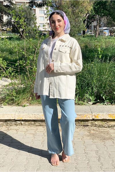 Moda Rosa 25K5273 - ECRU - سترة جينز بتفاصيل عين الطير