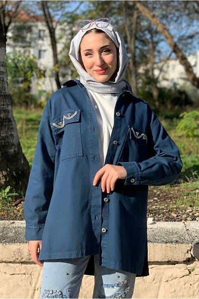 Moda Rosa 25K5098 - Indigo - Gabardin Jacket Wavy Stone with Pockets