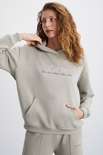 GRIMELANGE Taına Γυναικείο κέντημα με λεπτομέρεια από οργανικό βαμβάκι με θέμα την πόλη κανονική κουκούλα μπεζ φούτερ