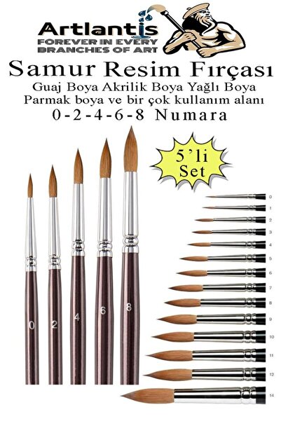 Artlantis Resim Fırçası 0 - 2 - 4 - 6  - 8 Numara 1 Paket 5 li Samur Yuvarlak...