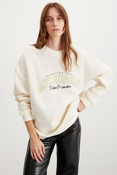 GRIMELANGE Rebecka Women's Embroidery Embroidered Fleece Inside Soft Oversize Crew Neck Ecru Sweatshirt