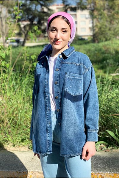 Moda Rosa 25K5274 - Dark Blue - Pocket Embroidered Jeans Jacket