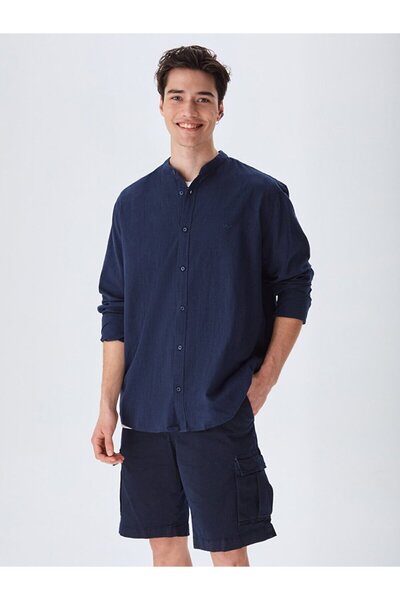 Ltb Keten Görünümlü Hakim Yaka Lacivert Gömlek