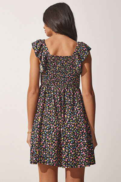 Lovelyİstanbul Μαύρο ροζ βισκόζη καλοκαιρινό φόρεμα με φλοράλ στάμπα - LFF0023