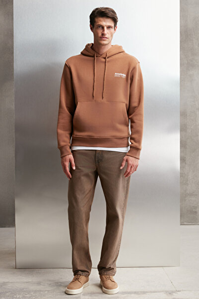 GRIMELANGE Ανδρικό φούτερ Bryaner Soft Fleece με στάμπα κανονικό κορδόνι Bitter Brown