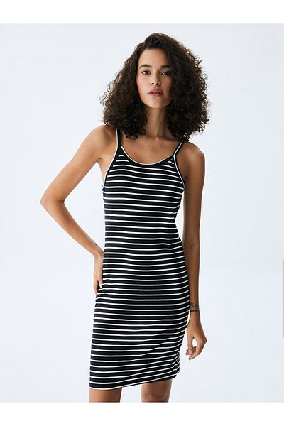 Ltb Striped Thin Strap Dark Blue Dress