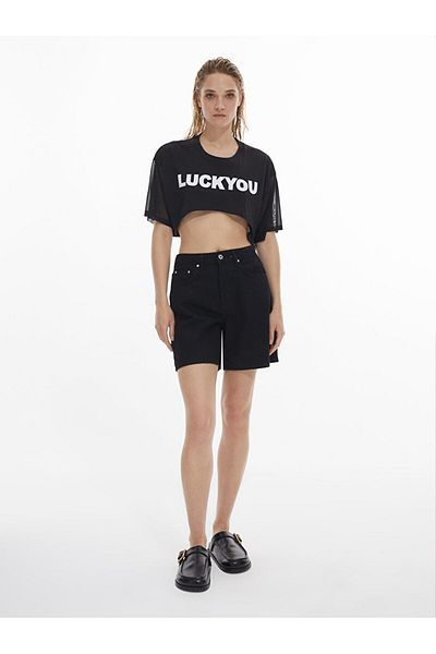 Ltb Tricou negru din tul cu mâneci slogan
