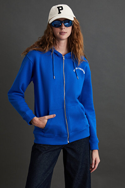 GRIMELANGE Leılany Kadın 3 Iplik Içi Şardonlu Sırt Baskı Detaylı Regular Kapüşonlu Parlament Mavi Sweatshirt