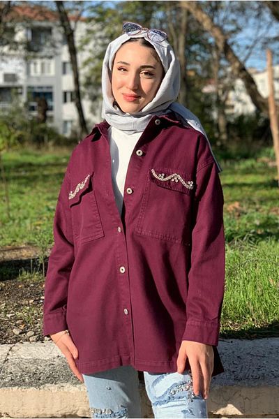 Moda Rosa 25K5098 - Plum - Gabardine Jacket with Wave Stones on Pockets