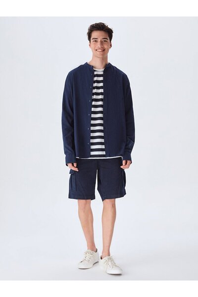 Ltb Keten Görünümlü Hakim Yaka Lacivert Gömlek