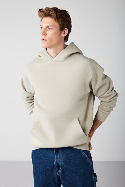 GRIMELANGE Mordred Men's Soft Fabric Knitted 3 Thread Oversize Hooded Kangaroo Pocket Stone Color Sweatshirt