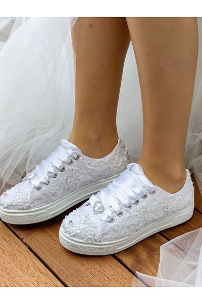 Ayakkabı Tutkusu Stilo ® Bridal Shoes Flat Sole White Applique Extremely Comfortable
