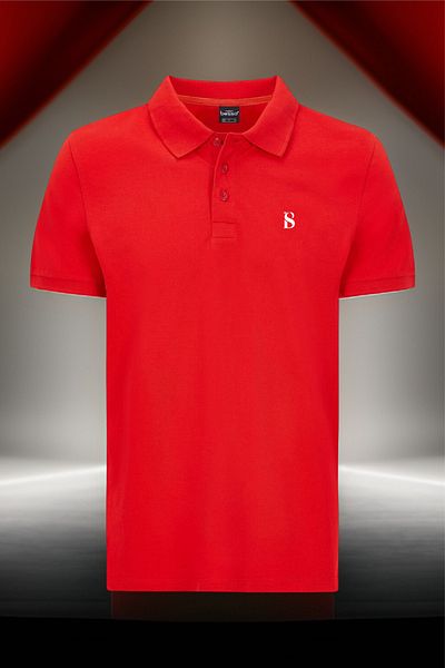 BESSA Men's Red Pocketless Polo Collar Bs Printed Cotton T-Shirt