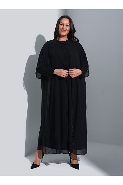 ALİA Plus Size Chiffon Ferace and Dress Set - Bead Detailed - Black - Alia