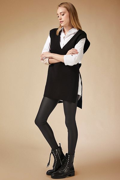 Lovelyİstanbul Long V-Neck Belted Knitwear Sweater - Black Lus0042
