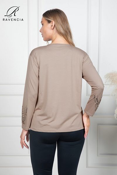 Moda Zeyn Winter Women's Clover Fabric Covered Flower Patterned Jewelled Embroidered Beige Mother Combed Cotton Blouse