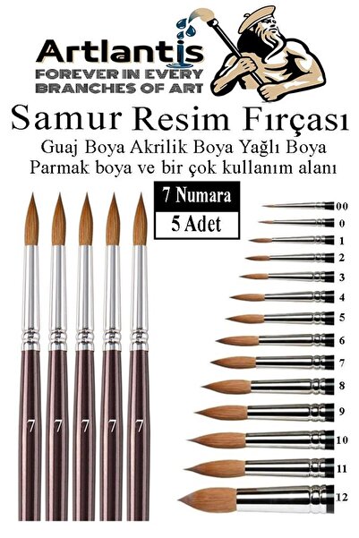 Artlantis Resim Fırçası 7 Numara 5 li 1 Paket Samur Yuvarlak Uçlu Fırça Seti ...
