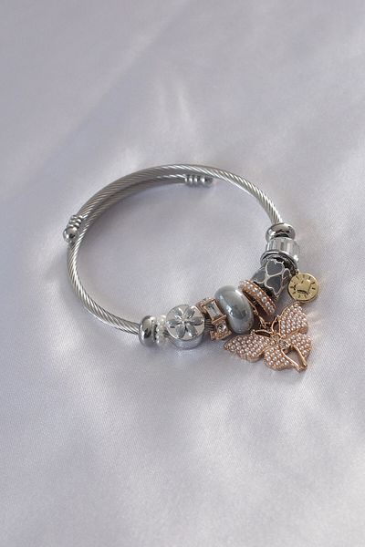 Skygo Steel Charm Model Gold Butterfly Figure Gray Beaded Women's Bracelet