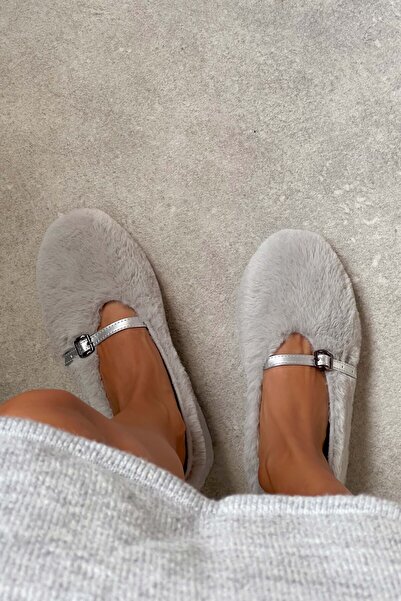 NİŞANTAŞI SHOES Γυναικείες μπαλαρίνες Renita Grey Feather Belt με λεπτομέρεια επίπεδη σόλα