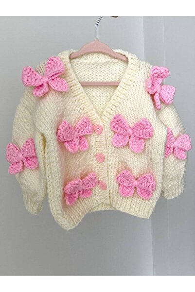 El örgüsü Ribbon Detailed Hand Knitted Girl's Cardigan, Baby Girl's Cardigan
