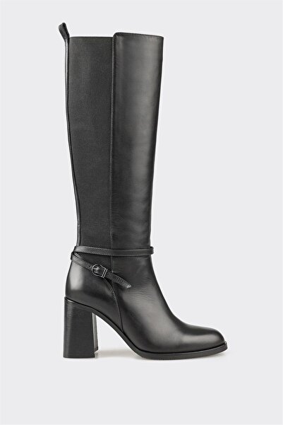 Elle Shoes Siyah Deri Kadın Yüksek Topuklu Çizme