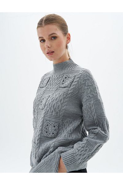 Kayra Gray Knitwear Tunic - Lace Applique