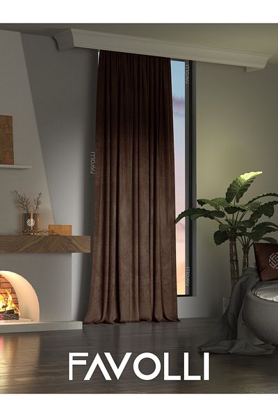 FAVOLLİ Brown Velvet Textured - Island Background Dream Series, Extraphore Drawstring Curtain