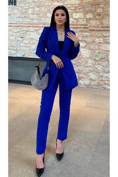 pembekurdelem Set SaksMavi pentru femei - Jachetă cu un singur nasture și pantaloni skinny